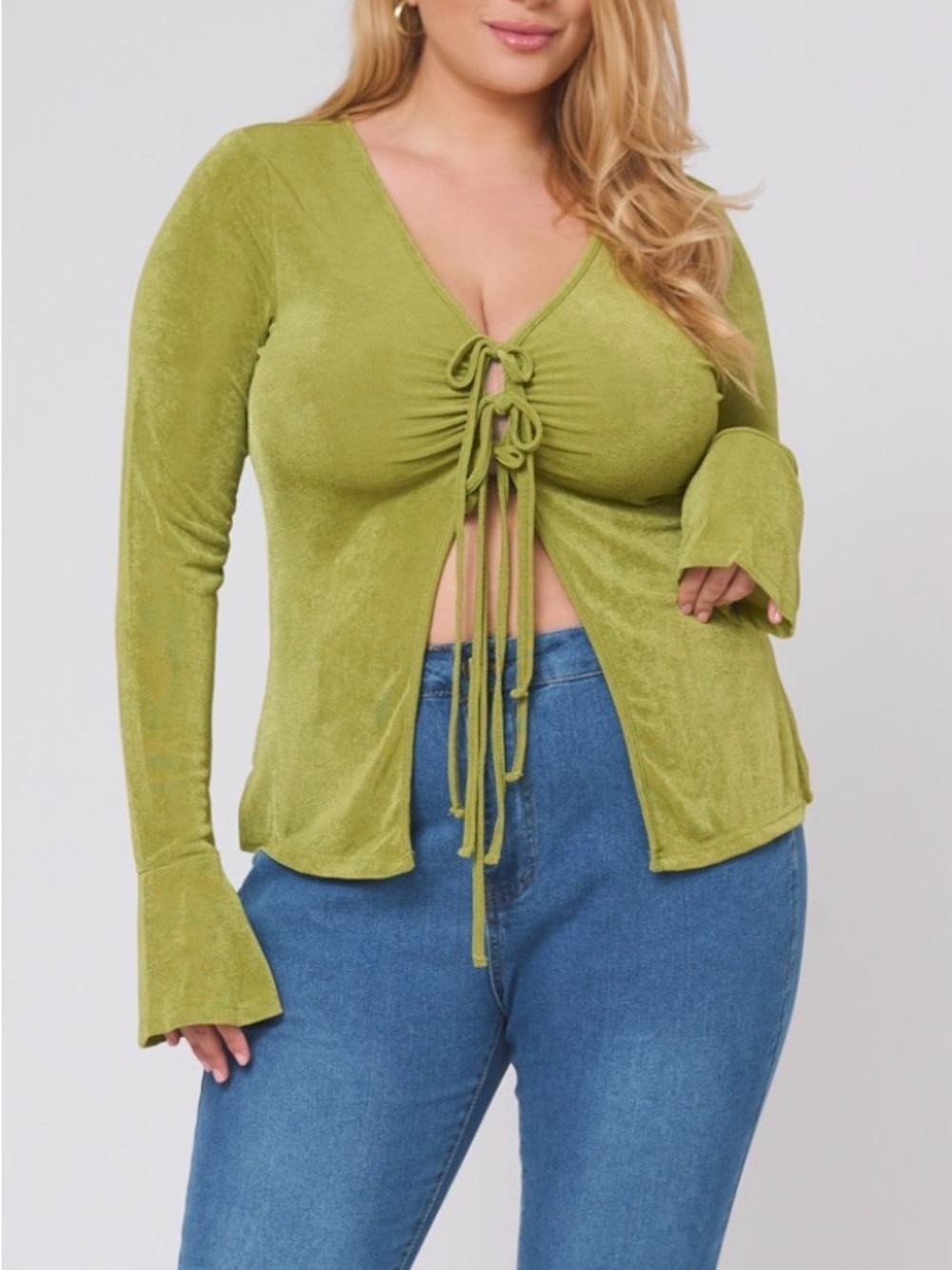 Tie-Front V-Neck Long-Sleeve